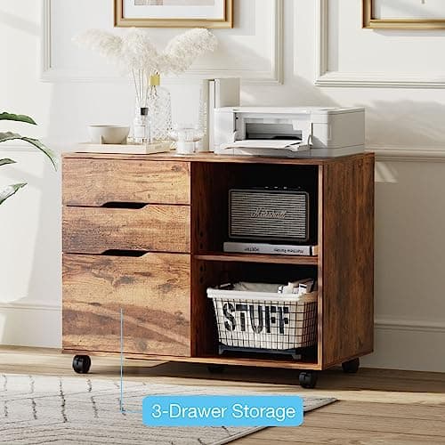 Sweetcrispy 3-Drawer File Cabinet, Lateral Mobile Filing Cabinet Wood Storage Organizer with Wheels, Printer Stand & Open Shelves for Home Office Under Desk Organization - Brown 6