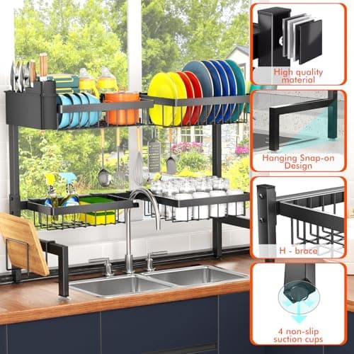 YKLSLH 4 Baskets Over The Sink Dish Drying Rack, Extendable Large Capacity Sink Rack, Metal Drying Rack Saving Space,for Most Sinks (26.57"-35") 6