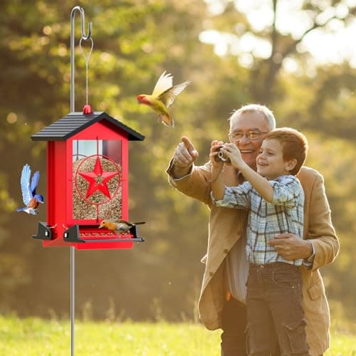 Squirrel Proof Bird Feeders for Outdoors Hanging, Metal Wild Bird Feeders with Bilateral Weight Activated Perches, 5LB Large Weatherproof Durable Backyard Feeders for Cardinals, Blue Jay,Finch -Red 8