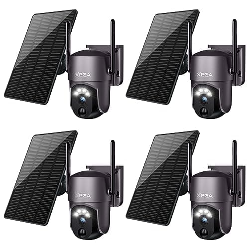 Xega 4 Pack Security Camera Wireless Outdoor 2K 360° PTZ Camera Solar Security Cameras 2.4G WiFi Video Surveillance w/Spotlight & Siren, Color Night Vision, AI Motion Detection, 2-Way Talk, IP66