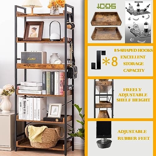 HCHQHS Adjustable 6 Tier Open Bookcase, Rustic Farmhouse Book Shelves, Industrial Wood and Black Metal Bookshelves, Mid Century Bookcase for Home Office Living Room Bedroom 5