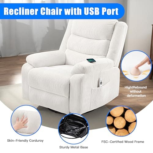 PrimeZone Swivel Rocker Recliner Chair- Oversized Rocking Glider Chair with Electric Massage Heat & USB Ports, Corduroy Reclining Chair for Living Room, Nursery, Bedroom, Home Theater, White 6
