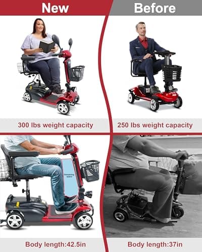 30 Mile Range Travel Foldable Mobility Scooters for Adults,4 Wheel Electric Motorized Scooter for Seniors Oversize XL 4-Piece Set with USB and Cell Phone Holder,Red Mirage S1 5
