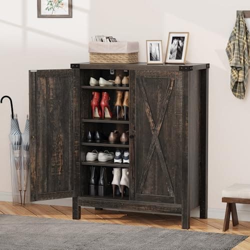 DWVO Farmhouse 5-Tier Shoe Cabinet with Doors and Adjustable Shelves, Self-Standing Wooden Shoes Organizer Rack with Non-Slip Pads, for Entryway, Hallway, Living Room, Dark Rustic Oak