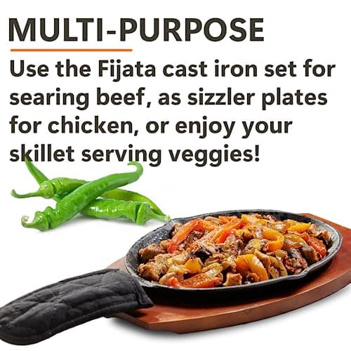 Mr. Bar-B-Q Cast Iron Fajita Skillets Set, Pre-Seasoned Non-Stick Sizzling Plate, Wooden Base w/Cloth Handle, Sizzler Steak Plate, Cast Iron Skillets for Diners, Bar, Restaurants, Caterings & Parties 5
