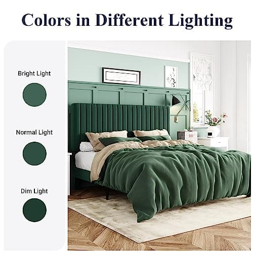 Allewie Queen Bed Frame, Velvet Upholstered Platform Bed with Adjustable Vertical Channel Tufted Headboard, Mattress Foundation with Strong Wooden Slats, Box Spring Optional, Easy Assembly, Green 8