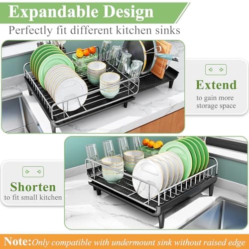 SNTD Dish Drying Rack - Expandable Dish Rack for Kitchen Counter, Large Dish Drainer with Pan Holder, Dish Strainer with Drainboard Cup Holder and Utensil Holder, Black 5