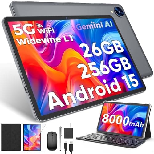 YOBANSE Android 15 Tablet with Keyboard, 26GB RAM, 256GB ROM(2TB Expand), 10.1 inch Octa-Core Tablets, 5G/2.4G WiFi, 8000mAh Battery, BT 5.0, GMS Certified, with Mouse, Case, Stylus (Black Case)
