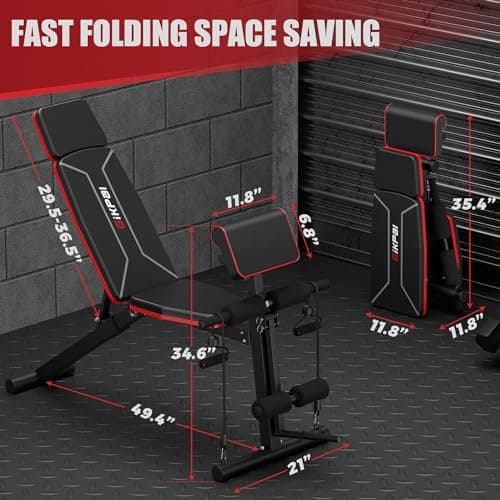 GIKPAL Adjustable Weight Bench, Foldable Workout Bench for Home Gym, Incline Decline Flat Exercise Bench Press for Full Body Strength Training w/Extended Headrest and Leg Extension (Black - New 6
