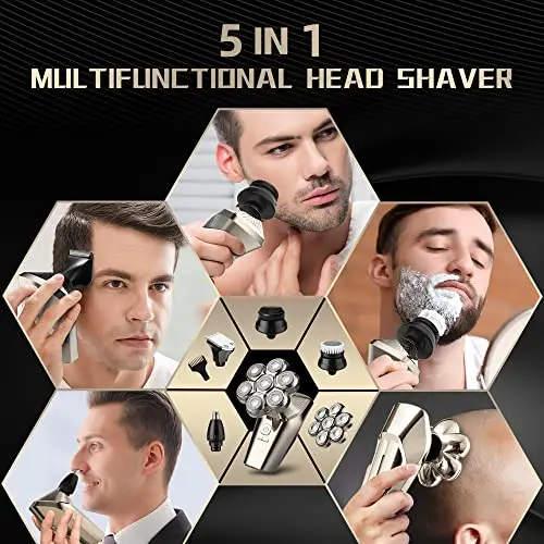 Head Shaver for Men 5-in-1 Multifunctional Electric Razor Bald Clippers Wet/Dry Waterproof 7D Rotary Grooming Kit Rechargeable With LED Display 6