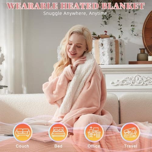Richtry Electric Blanket Wearable with Foot Pockets & Sleeves, Electric Heated Snuggle Blanket, Flannel & Sherpa Heating Throw with 10 Heat Settings, 1-12 Hours Auto Shut-Off, 50"×70", Pink 5