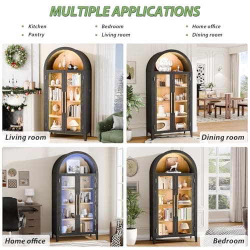 Topcomfy 71”H Arched Storage Cabinet with Glass Doors, Modern Display Cabinet with 3 Color Light, Glass Display Case with Human Body Sensor, 5 Tier Kitchen Pantry Cupboard for Living Room, Black&Oak 6