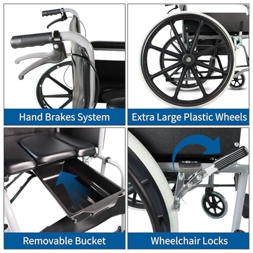 Eosprim Shower Chair with Wheels for Inside Shower, Lightweight Foldable Wheelchair, Rolling Shower Chair for Elderly & Disabled, Beside Commode Wheelchair 6