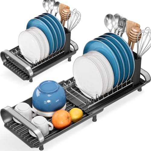 Small Dish Drying Rack, Mini Expandable Compact Dish Rack, Slim Extendable Stainless Steel Dish Drainer for Kitchen Plate Storage, Space Saving Dish Strainer in Sink or on Home Countertop, Black