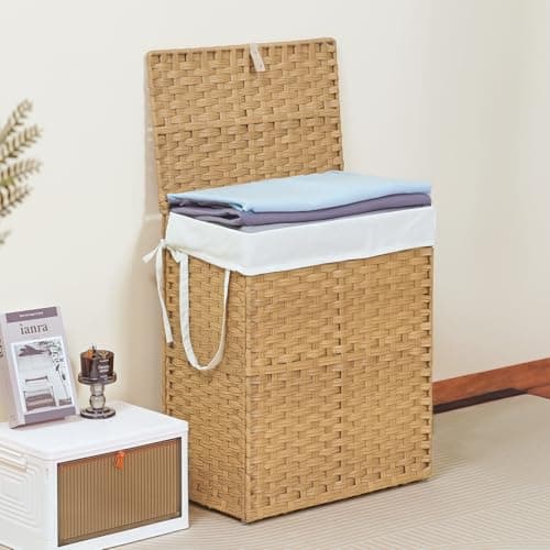 DUMOS Woven Laundry Basket with Lid, 90L Large Capacity Hamper, Removable & Machine-Washable Liner, Foldable Rattan Clothes Hamper, Sturdy Steel Frame, Odor Control, Goose Yellow 8