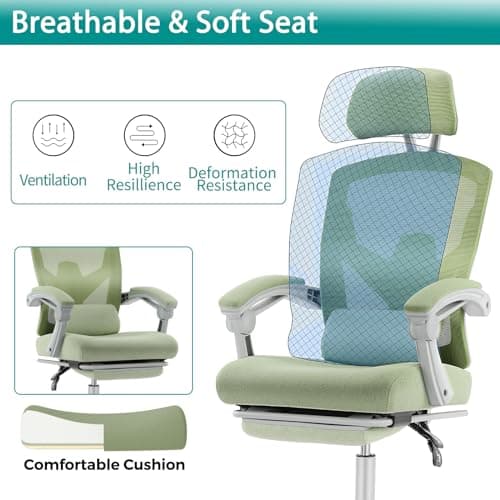 DUMOS Office Desk Chair with Footrest Ergonomic Gaming Chair for Adults Computer Mesh, Lumbar Support,Swivel Reclining with Headrest, Comfy Armrest for Home, Office, Work, Study, Light Green 6