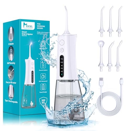 MOCEL Water Dental Flosser OLED Display Cordless Teeth Cleaning MOCEL 5 Modes Oral Irrigator 300ML Portable and USB C Rechargeable IPX7 Waterproof Floss Teeth Pick (White)