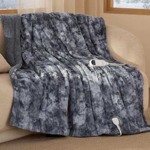 Bedsure Faux Fur Heated Blanket Throw Blanket, Fast Heating Electric Blanket with 6 Heating Levels & 4 Time Settings, Cozy Gifts for Women Men (50x60 inches, Grey) 8