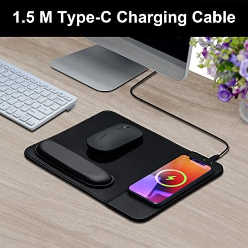 15W Wireless Charging Mouse Pad with Wrist Support, Fast Qi Wireless Charger Mouse Mat for iPhone 16/15/14/13/12/12 Pro/11/11Pro/XR/Xs/X, Samsung Galaxy S10/S9/S8 Plus Note 9/8 Multiple Devices 7