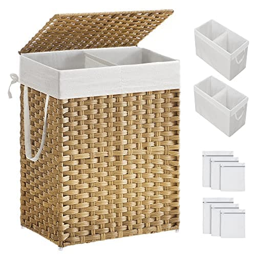 SONGMICS Laundry Hamper with Lid, 90L Clothes Hamper with 2 Removable Liner Bags, 6 Mesh Bags, Wicker Laundry Basket, Double Laundry Hamper for Bathroom, 13 x 18.1 x 23.6 Inches, Natural ULCB251N01V1