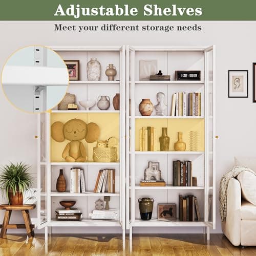 Lucky Monet 5-Tier Display Cabinet with 12 Color Lights & Glass Doors, 67" Lighted Curio Cabinet with Adjustable Shelves, Glass Metal Display Case for Collectibles Figures China (White) 5