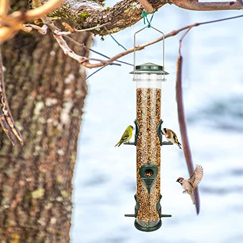 Metal Bird Feeder Tube Hanging Wild Bird Seed Feeder Aluminum Six Port Bird Feeders,1.4 mm Extra Thick Solid Tube Transparent with Steel Hanger Great for Attracting Birds 7