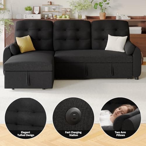 Ucloveria Sleeper Sofa Bed, 86" Convertible Sectional Sofa Couches for Living Room, Pull Out Couch Bed with Reversible Storage Chaise | USB Ports | Side Pockets | Removable Backrest 5