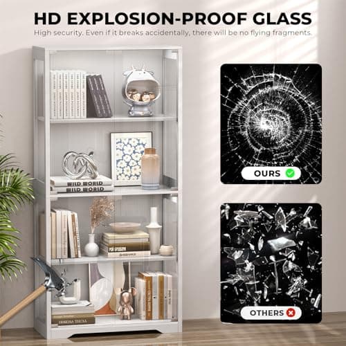 BROTTAR Display Cabinet with Glass Doors, 4-Tier Curio Cabinet with 3 Color Lights for Collectibles, Glass Display Case with Human Body Sensor, Bookcase with 4 Shelves, Storage Cabinets, White 9