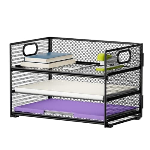 Marbrasse 3 Tier Paper Organizer Letter Tray, Mesh File Organizer with Handle, Paper Sorter Desk Organizer for Home Office Supplies