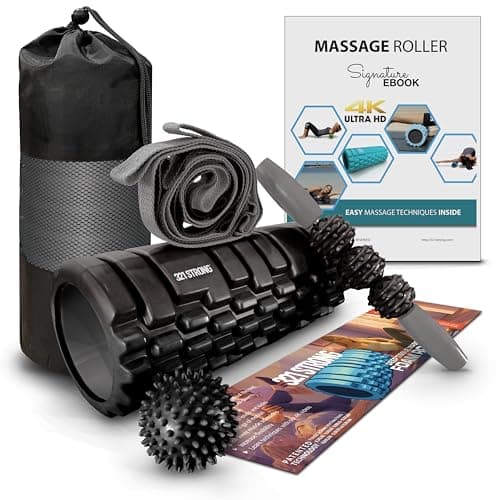 321 STRONG 5 in 1 Foam Roller Set with Hollow Core Deep Tissue Massager, Muscle Roller Stick, Stretching Strap, Spikey Plantar Fasciitis Ball, and Carry Bag, with 4K eBook