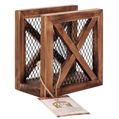 FARM IN Rustic Napkin Holder, Farmhouse Style Solid Burnt Wood and Diamond Metal Wire Mesh Design, Barn Door “X-Cross” Design, for Home and Commercial Use 8