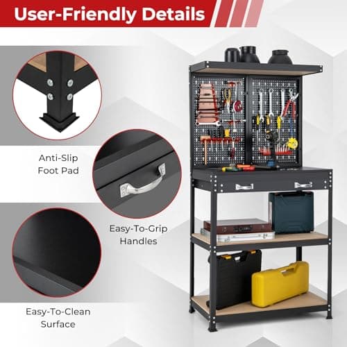 Goplus Workbench, Work Table with Drawer, Pegboard, Hanging Accessories, Topping Space, 4-Tier Heavy Duty Metal Tool Storage Bench, Work Benches for Garage, Workshop (Red, 32" x 16" with Drawer) 5