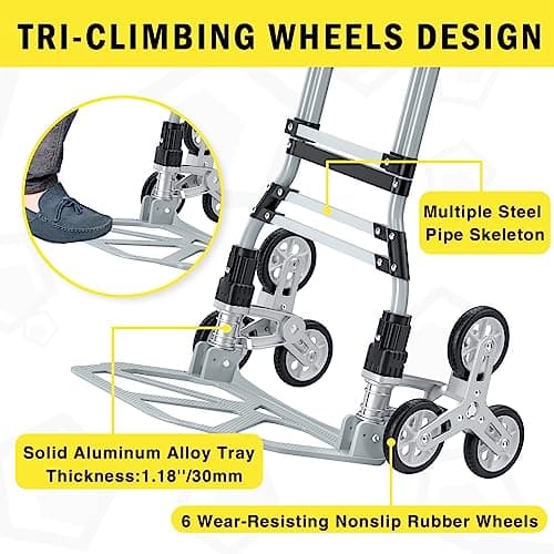 260 LBS Stair Climbing Cart, Aluminum Trolley Dolly for Stairs, Folding Hand Truck Dolly, Grocery Shopping Cart with Mute Wheels, Telescoping Handle and Rubber Wheels for Moving, Shopping 5