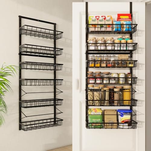 Mefirt Over The Door Pantry Organizer, Pantry Storage and Organization, 6-Tier Adjustable Hanging Baskets, Metal Wall Mount Spice Rack Seasoning Shelves for Home & Kitchen, Laundry Bathroom - Black