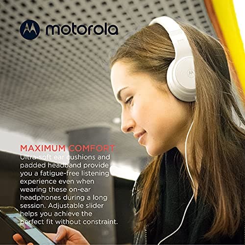 Motorola Sound Moto XT120 Over Ear Headphones Wired with Microphone, in-Line Command Control for Calls - Foldable Wired Headphones with Adjustable Cushioned Headband, Dynamic Bass, 3.5mm Jack - White 5