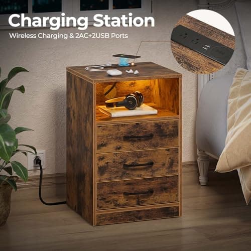 Seventable Nightstand with Wireless Charging Station and LED Lights, Rustic End Side Table with 3 Drawers and Open Compartment for Bedroom, Rustic Brown 5