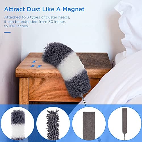 UIMO Microfiber Feather Duster Kit with Extension Pole (30–100") – Bendable Washable Heads, Extendable Dusters for Cleaning Ceiling Fan, High Ceiling, Blinds, Furniture & Cars (5 Pcs) 6
