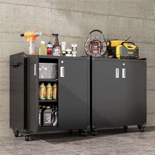 COFaR Heavy-Duty Rolling Storage Cabinet, 2-Door Metal Garage Cabinet with 2 Adjustable Shelves, Lockable Wheels & Locking Doors, 35"H Large Capacity Tool Chest for Workshop, Garage, Warehouse - Black