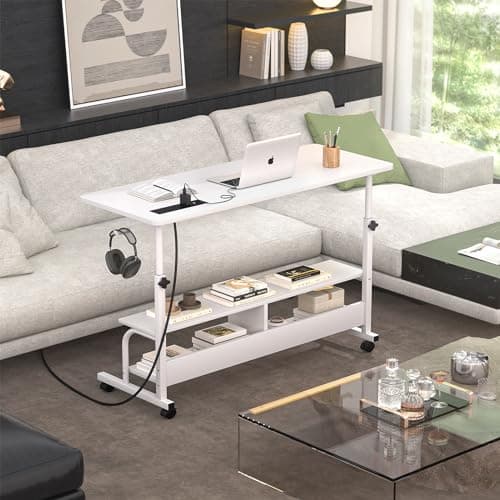 Armocity Rolling Standing Desk with Power Outlets, 47" Manual Height Adjustable Mobile Computer Desk with Wheels, Portable Sit Stand Laptop Couch Table for Bed & Sofa Home Office, Whtie 8
