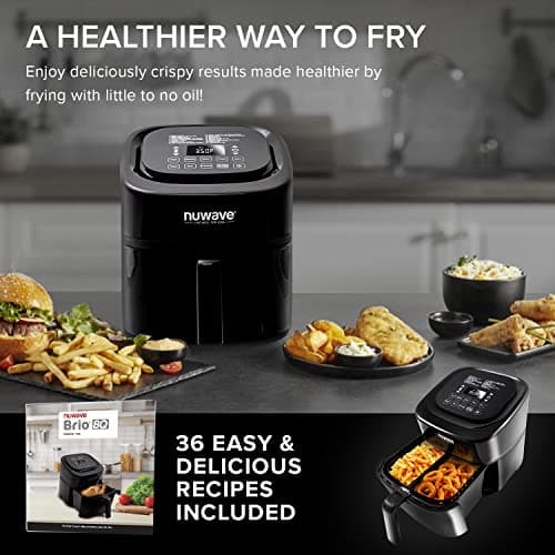 Nuwave Brio 8-Qt Air Fryer, Powerful 1800W, Easy-to-Read Cool White Display, 50°-400°F Temp Controls, 100 Pre-Programmed Presets & 50 Memory Slots, Integrated Smart Thermometer, Linear T Technology 6