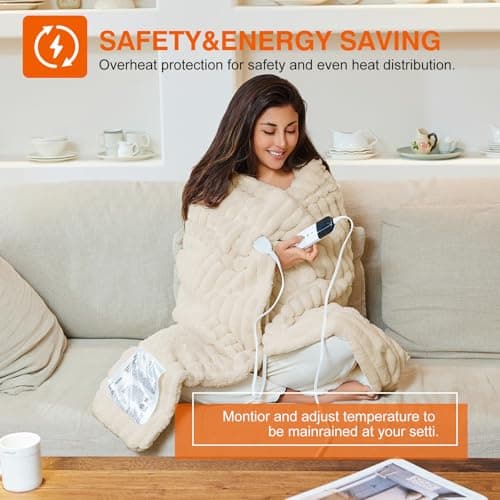 AEPINBH Heated Electric Blanket Throw: 6-Level Fast Heating, 4-Hour Auto-Off, Soft&Warm Stripe Faux Rabbit Fur, for Couch Home Office, with Overheating Protection & ETL Certified (50 x 60,Khaki) 5