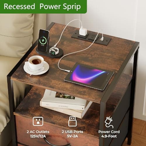 Nightstand with Charging Station Side End Table with USB Ports and Outlets Bedroom with Fabric Drawers with Open Shelf Modern Brown and Black 6