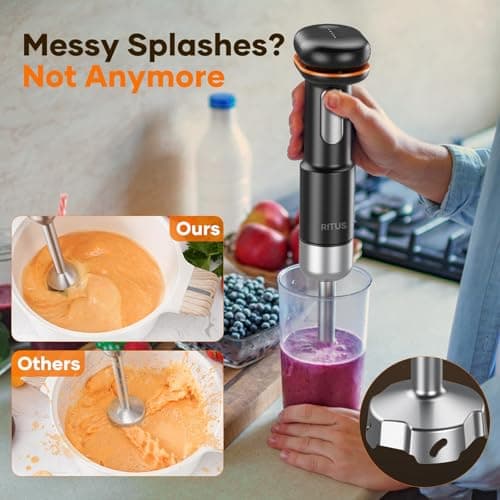 Cordless Stick Immersion Blender 5-in-1, Ritus 13000RPM Soup Blender Rechargeable Handheld Mixer For Baby Food & Smoothies, Variable Speed, Dishwasher-Safe, Mixing Beaker, Chopper, Whisk Milk Frother 6