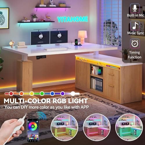 YITAHOME L Shaped Standing Desk with Power Outlets & LED Lights, 63" Electric Standing Desk Adjustable Height Sit Stand Corner Standing Desks with Drawers & Sliding Door, High-Gloss White+Natural Oak 5