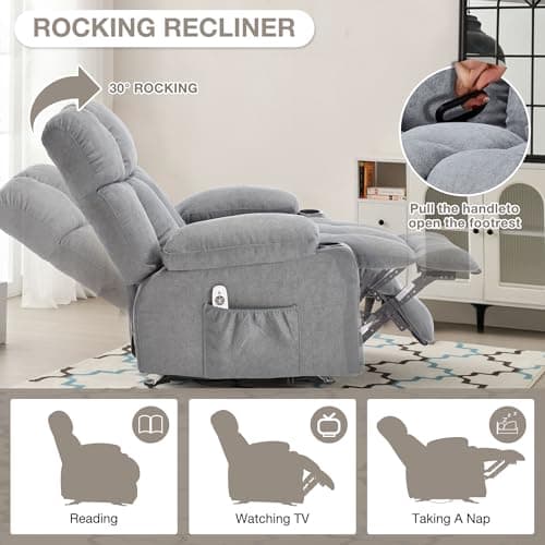 Massage Rocker Recliner Chair with Heat and Vibration Ergonomic Rocking Lounge Chair for Living Room Comfy Overstuffed Recliner with 4 Side Pockets,2 Cup Holders, USB Charge Port, Grey 7
