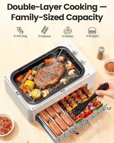 XHJ 4-in-1 Electric Indoor Grill Smokeless for Home,Countertop Electric Grill with Removable Sizzling Grill Pan & Grate + Auto Rotating Kabob Skewers + Electric Hot Dog Roller Dual Zone Cook with Lid 5