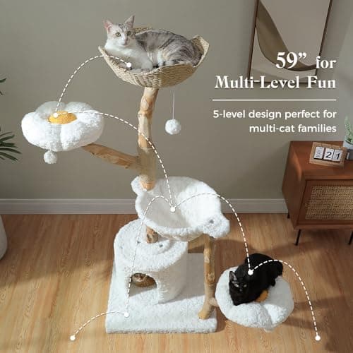 PAWZ Road Cat Tree for Indoor Cats Large Adults, 59 Inches Modern Cat Tower with Large Basket and Hammock, Natural Solid Wood, Luxury Condo & Dual Perches, Modern Cat Furniture for Big Cats, White 5