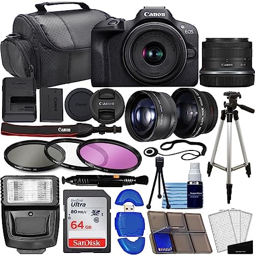 Canon EOS R100 Mirrorless Camera w/RF-S 18-45mm f/4.5-6.3 STM Lens + Wide Angle & Telephoto Lenses + 64GB Memory + 3pc Filter Kit + Case + Flash + Tripod
