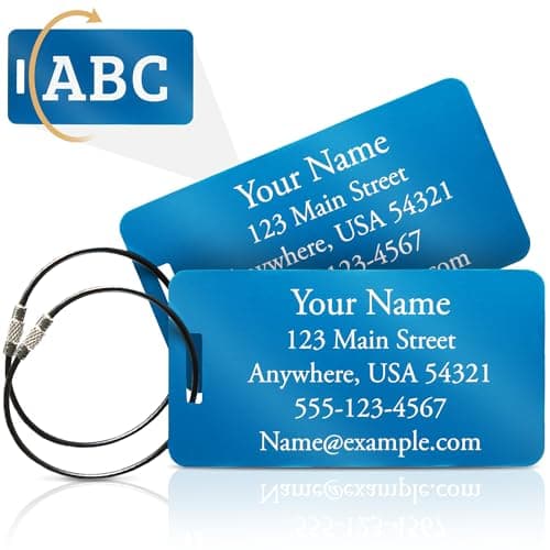 Personalized Aluminum Luggage Tags – Permanent Laser Engraved Metal Suitcase Tags for Travel – Custom Name & Contact ID for Checked Bags & Carry On – Set of 2 (Blue)