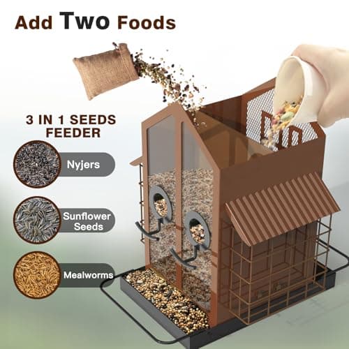 FlowaFoli Bird Feeders for Outdoors, Metal Bird Feeder with Double Suet Cage Weatherproof Metal Roof, 2 in 1 Mixed Seeds Suet Feeder, 4Lbs Large Capacity, Great for Finch、Cardinal、Chickadee（Brown） 3